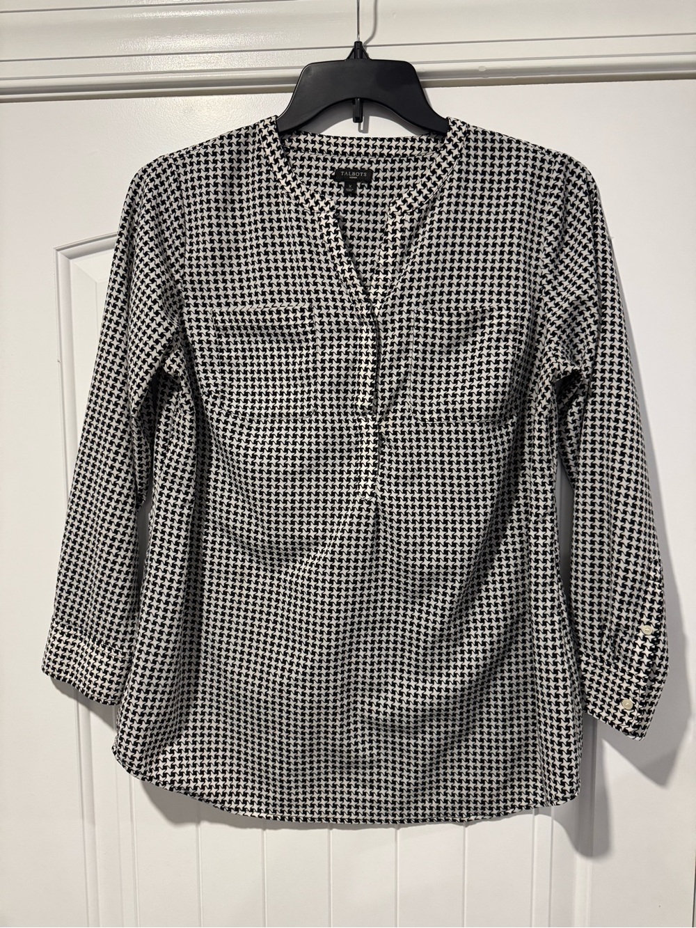 Talbots Black and White Houndstooth Split-Neck Blouse